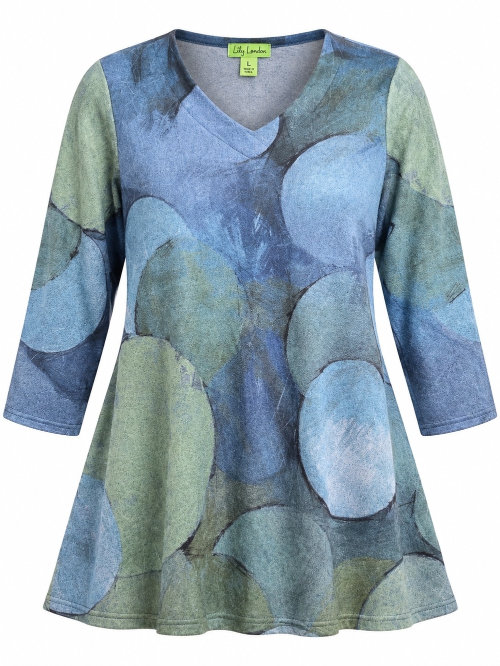 LILY LONDON | Blue Green Abstract Circle Art to Wear Brushed Swing Tunic Top | L